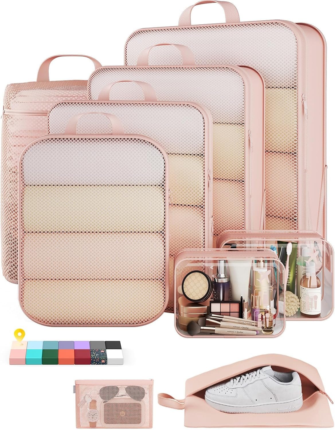 Veken 9/11 Set Compression Packing Cubes for Travel Essentials,Compressible Expandable Large Luggage Suitcase Organizer Bags for Clothing,Space Saver Bags with Over 1000 pcs of Mesh Holes(Beige)