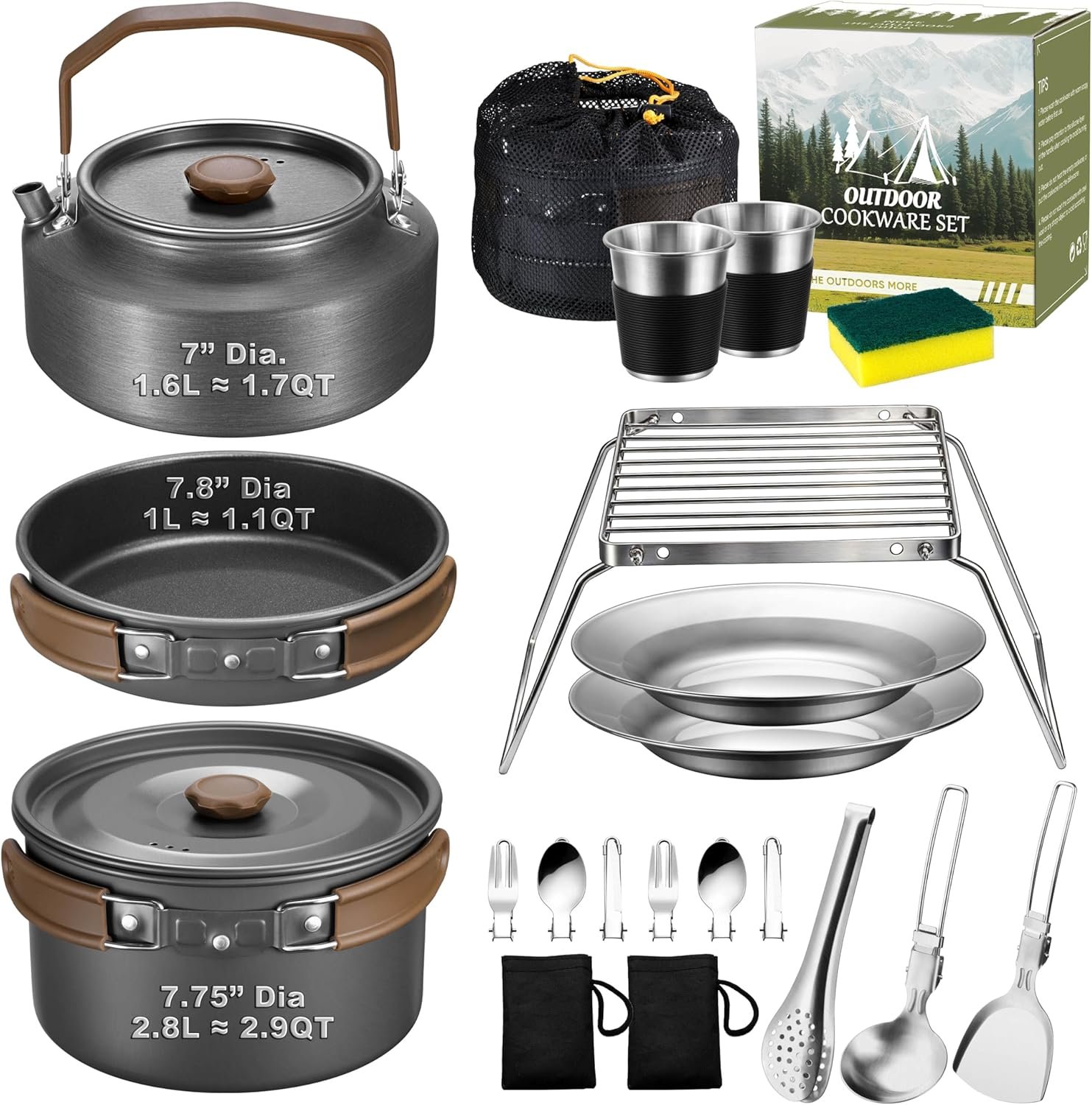 18Pcs Camping Cookware Mess Kit, Joyfair 7.8” Nonstick Camp Cooking Utensil Set (Pot, Pan, Kettle, Grill Grate), Outdoor Backpacking Gear Open Fire Essentials Accessories, Compact/Portable/Lightweight
