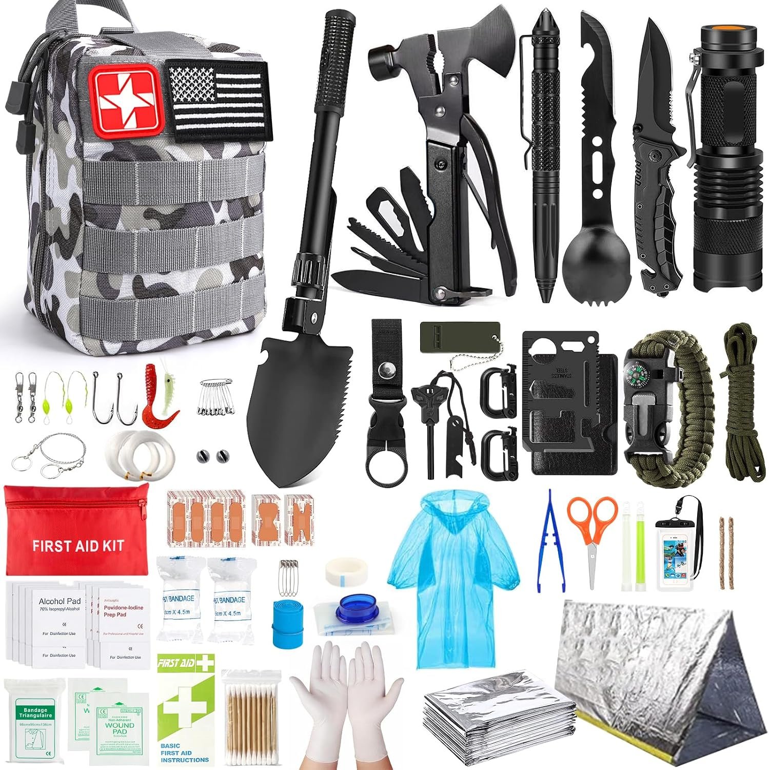 Survival Kit, 251 Pcs Survival Gear First Aid Kit with Molle System Compatible Bag and Emergency Tent, Emergency Kit for Earthquake, Outdoor Adventure, Hiking, Hunting, Gifts for Men Women