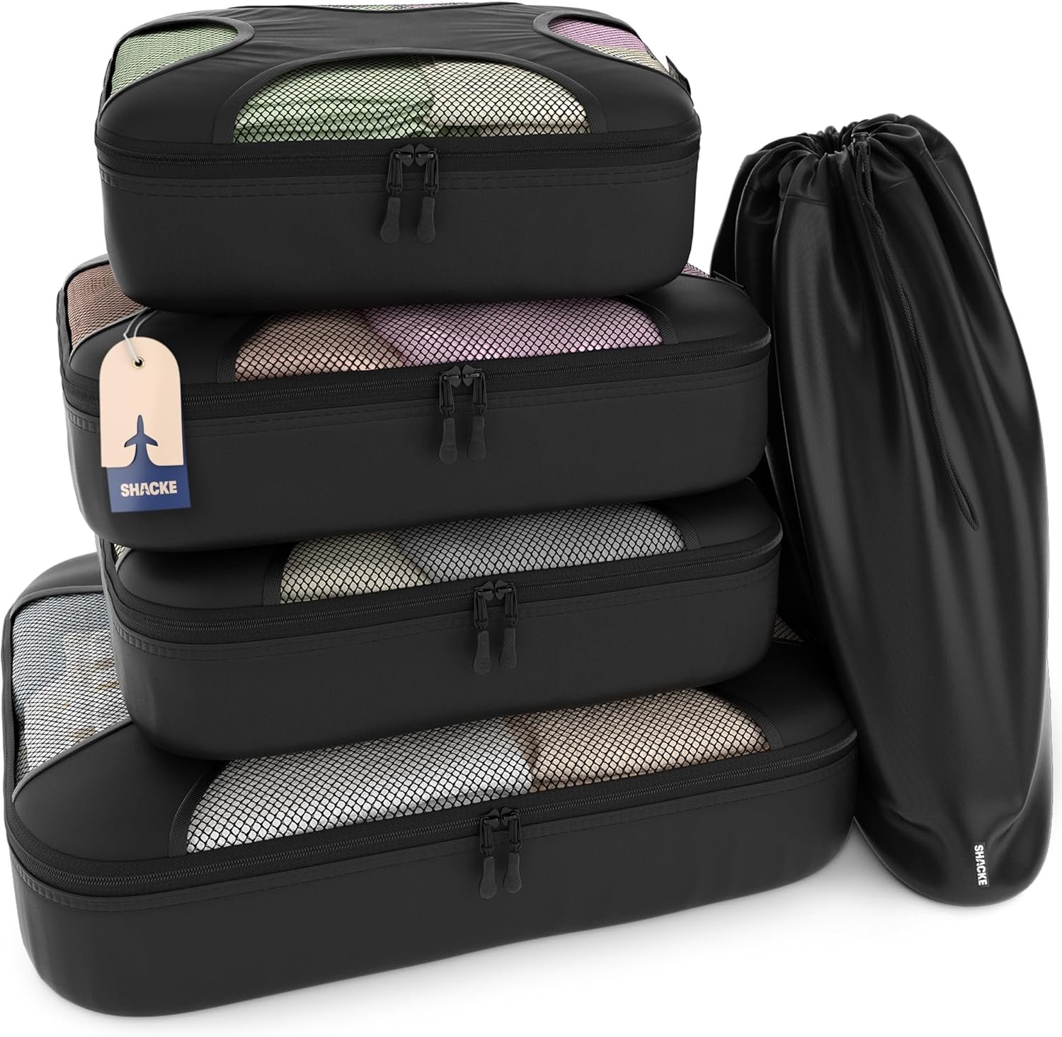 Shacke 5 Set Packing Cubes for Travel – Luggage Organizer & Suitcase Bags with Laundry Bag, Carry On Packing Organizer, Travel Accessories for Women Men (Pure Black)