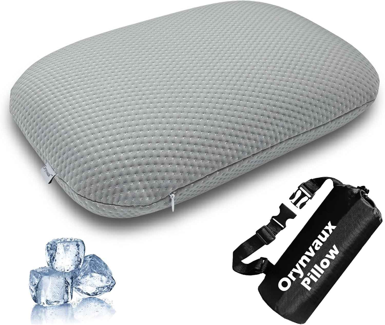 Cooling Camping Pillow, Memory Foam Travel Pillow with Adjustable Buckle Strap & Storage Bag, Compact Small Pillow for Airplane, Car Lumbar, Office, Washable Cooling Cover, Quarry Grey