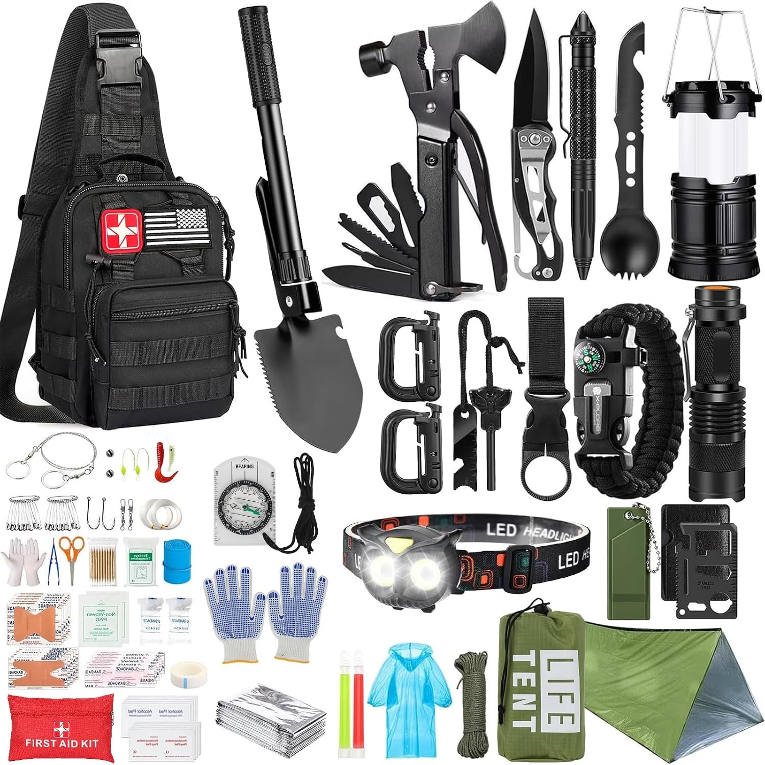 Survival Kit, 294 Pcs Survival Gear First Aid Kit with Molle System Compatible Bag and Emergency Tent, Emergency Kit for Earthquake, Outdoor Adventure, Hiking, Hunting, Gifts for Men Women