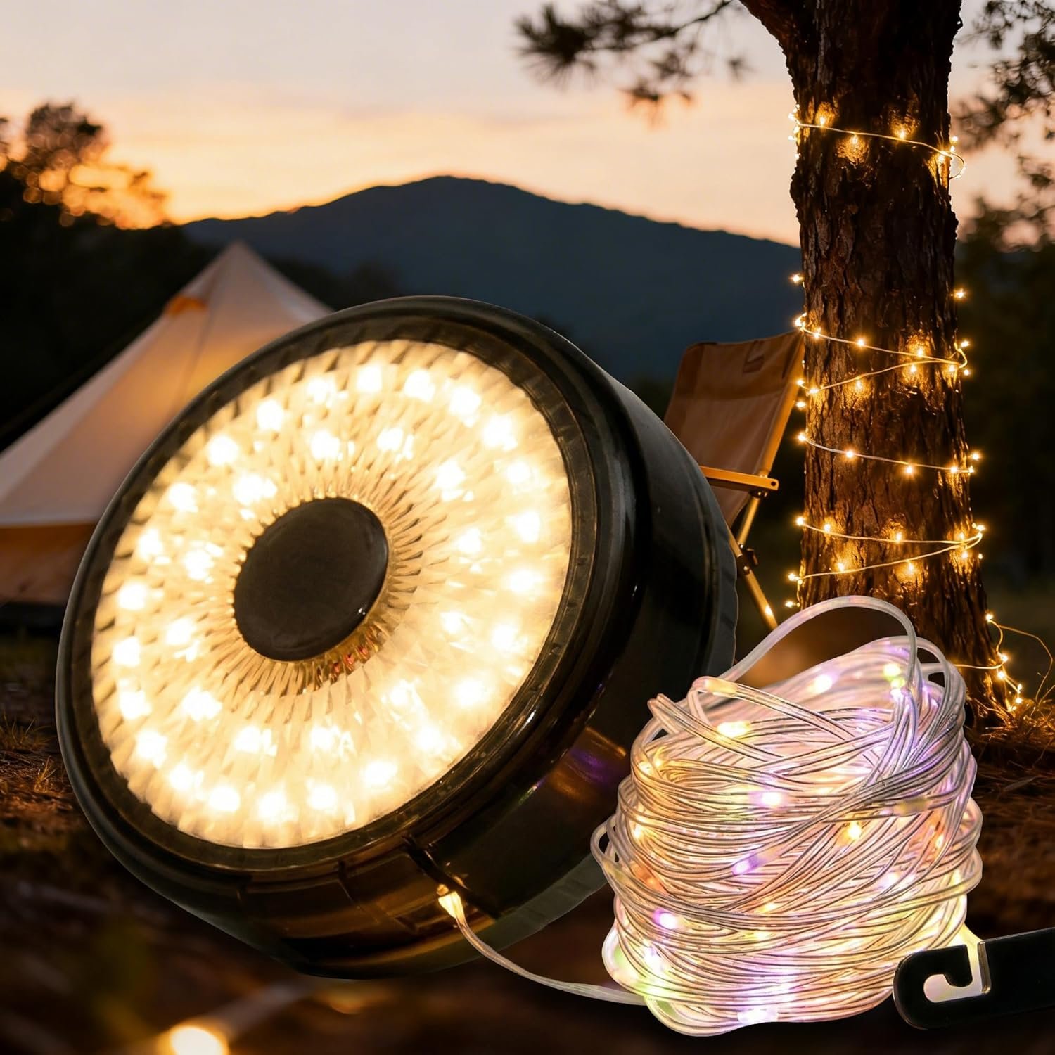 Solar Camping String Lights 32.8FT, 9 Lighting Modes 4 in 1 Portable Waterproof Camp Lantern, Retractable Rechargeable Fairy Lights with Hanging Hook for Outdoor Tent Garden Patio RV Yard Essentials