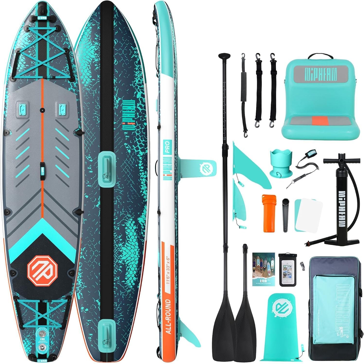 Niphean PRO (Extra Large) Inflatable Paddle Board with Seat, 11’6″/12’6″ Stand Up Paddle Board with Pressure Gauge, StabilTrac Fin, Upgraded All-Round/Touring SUP for Adult Adventures, 2+1 Person