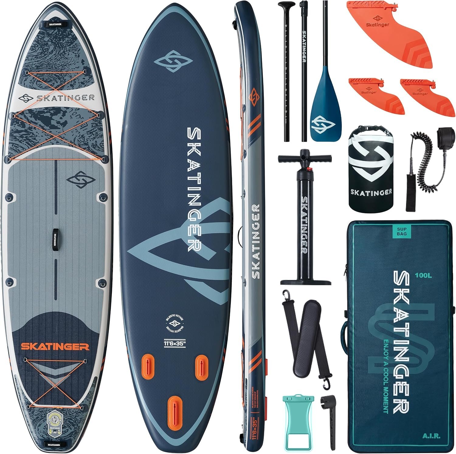 Skatinger 11’6×35″ Super Wide Inflatable Paddle Board, Ultra Stable Stand Up Paddleboards for 450lb/3 People/Family/Big Size w/Shoulder Strap, 100L Backpack, Ultra-Light All-Round Sup Board
