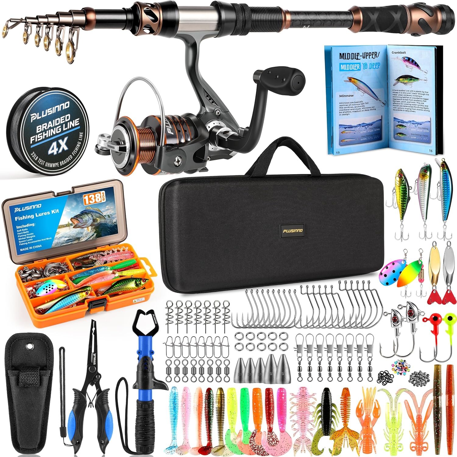 PLUSINNO Fishing Rod and Reel Combo with Telescopic Fishing Pole, Portable Travel Fishing Rods Kit with Tackle Box Carrier Bag & Manuals, Fishing Gear Tool Kit for Freshwater, Fishing Gifts for Men