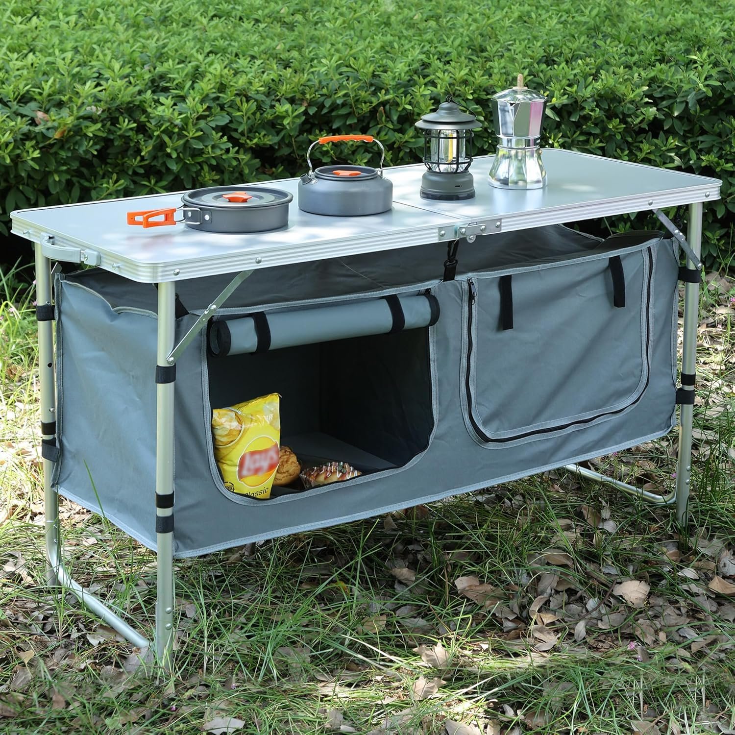 JOUYEK Camping Table, Folding Camping Table with Storage, Portable Kitchen Table, Lightweight, 3 Heights Adjustable Camping Furniture for BBQ, Picnic, Camping, Hiking, Beach, and Indoor