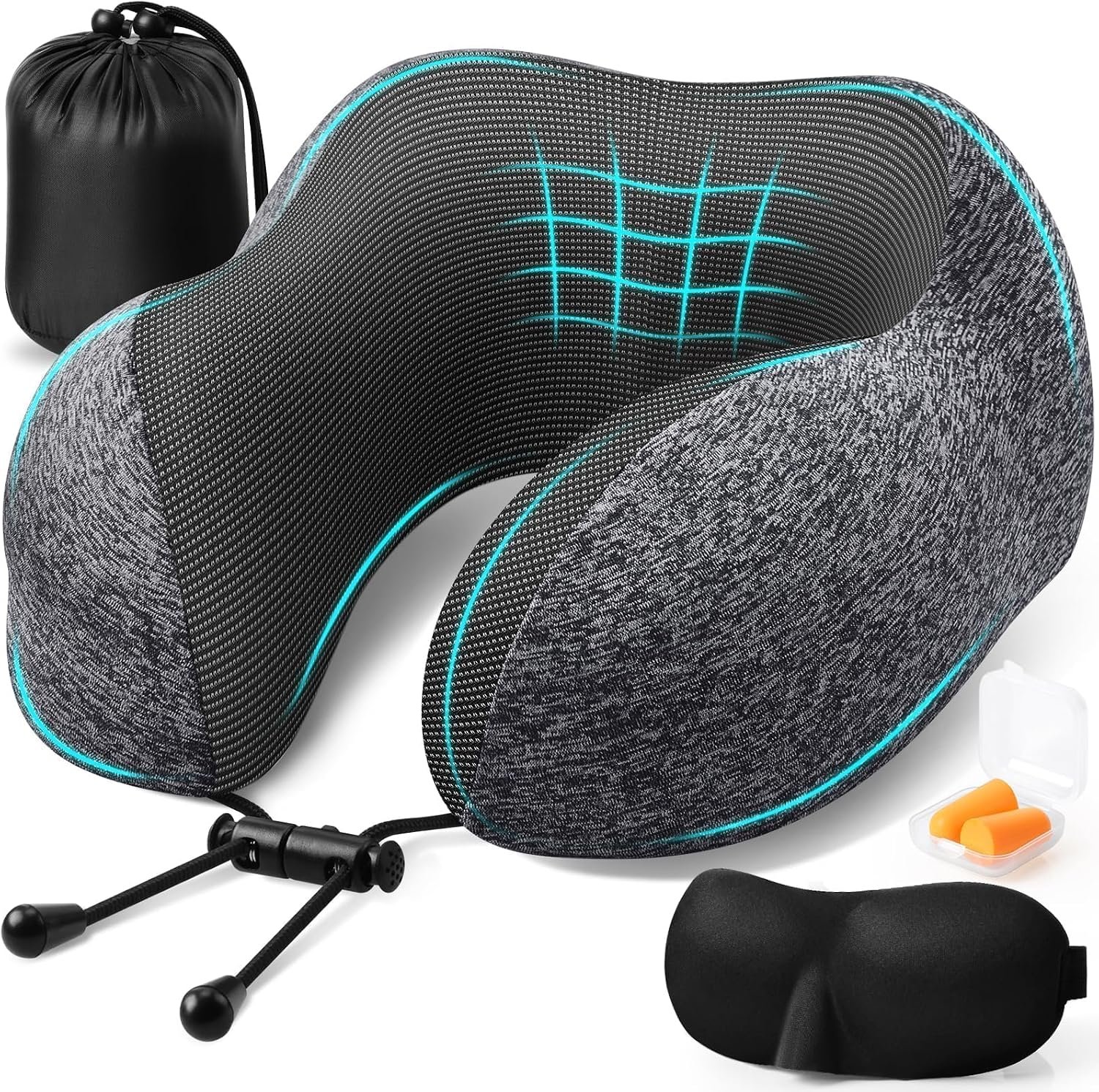 ExploreBliss Travel Pillow, Travel Pillows for Sleeping Airplane, Neck Pillow Airplane, Memory Foam Neck Pillow Set with Eye Mask, Earplugs and Storage Bag -Grey