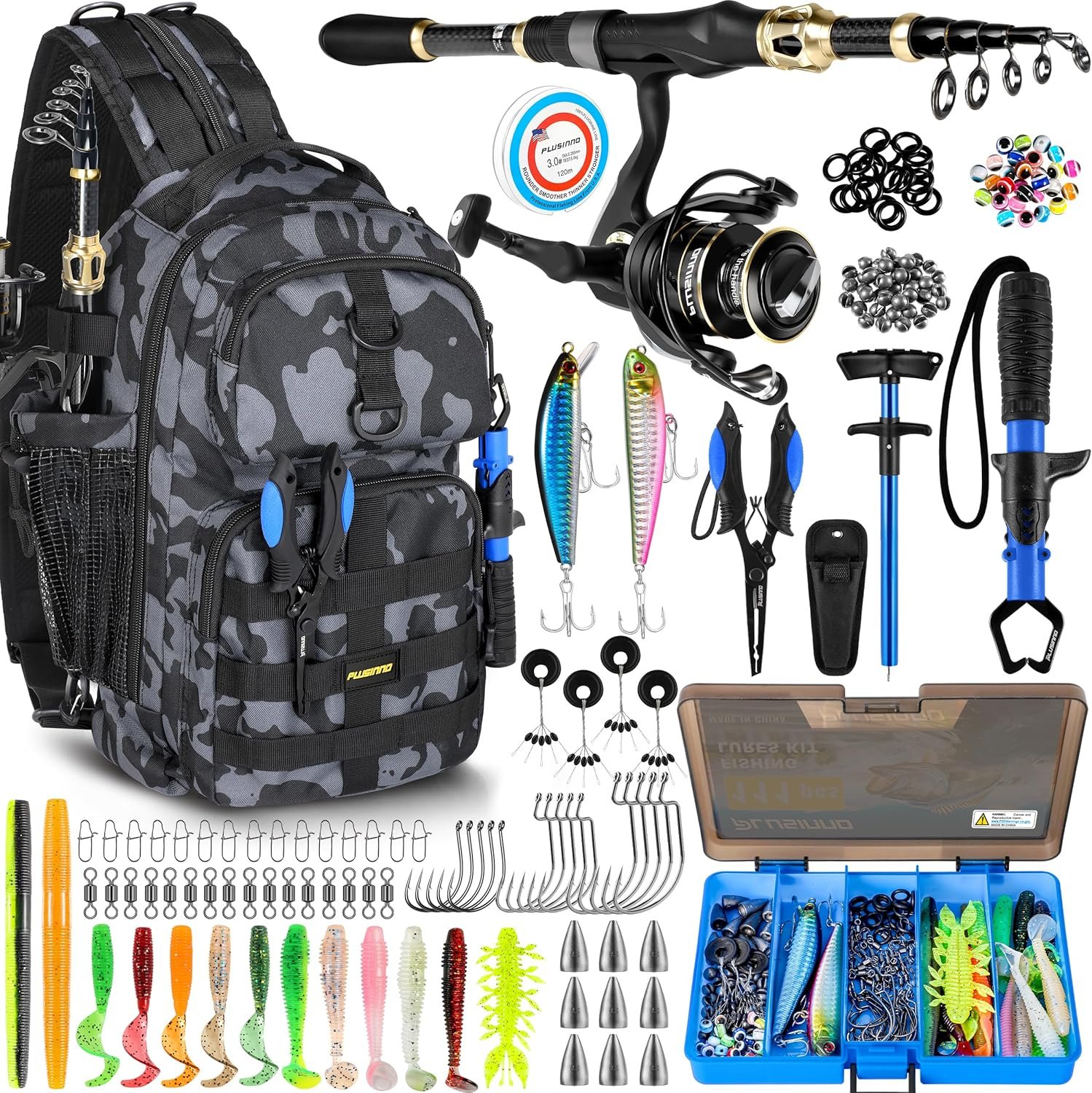 PLUSINNO Fishing Backpack with Fish Rod and Reel Combos Tackle Boxes, Waterproof Tackle Backpack for Fishing Gear with Rod Holder, Fish Gifts for Men with Tool Kit