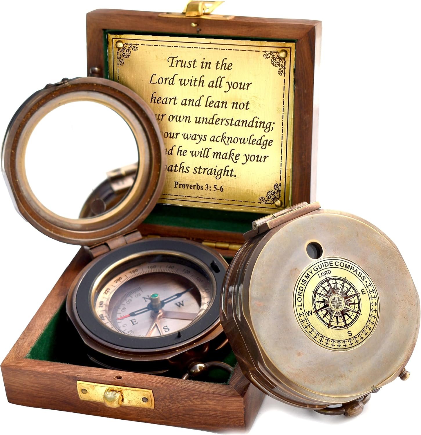 Trust in The Lord With All Your Heart – Proverbs 3:5-6 Quote Engraved Compass With Wooden Box, Greeting Card, Gift Compass, Graduation Day Gifts 2024 for Women Men Boys Girls
