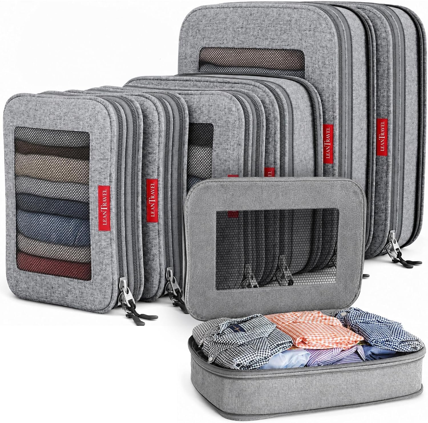 LeanTravel Premium Compression Packing Cubes for Travel – Suitcase Organizer Bags with Double Zipper & Breathable Mesh Panel – Space Saving Carry On Luggage Essentials (6-Pack, Grey)