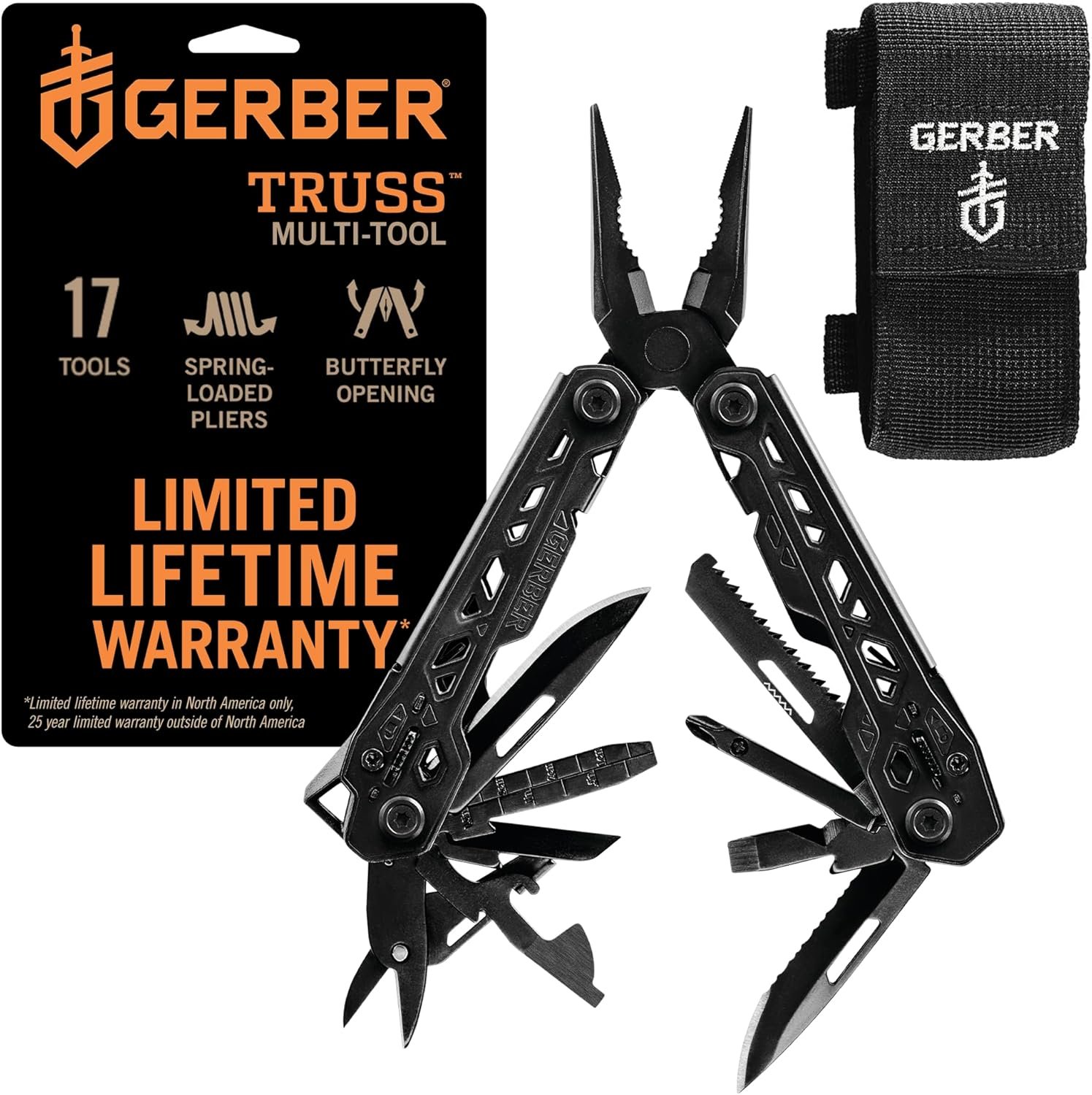 Gerber Gear Truss 17-in-1 Multitool with Pocket Knife and Needle Nose Pliers – Gifts for Men, Compact EDC Gear, Black with Standard Sheath