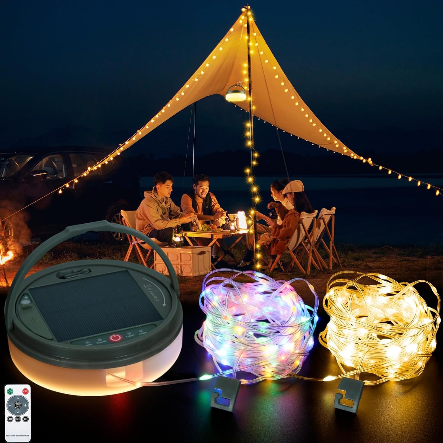 Solar Camping Lights 180LEDs 33FT,Rechargeable 4 in1 Camping String Lights with13 Modes&Timer,Waterproof Christmas Twinkle Lights for Tent,Yard,Outdoor,Garden,Hiking,Travel Decor