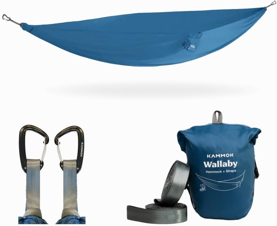 Kammok Wallaby Lightweight Hammock with Straps – Portable Hammock for Backyard, Park, Camping, Campus, Patios or Hiking – Built for Everyday Use – Durable Ripstop Nylon, Easy Setup – Glacier Blue