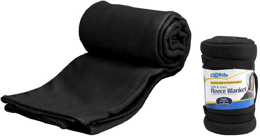 Cloudz Cozy Fleece Airplane Travel Blanket for Your Flight, Car, Camping, Home or Comforting Warmth Anywhere! – Black