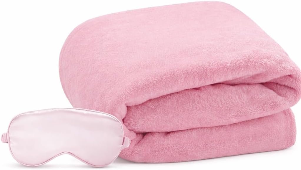 Travel Blanket, Airplane Blanket, Ultra-Soft, Warm & Lightweight, 65×40 in, Outdoor Blanket Essentials for Women, Men & Kids, Included Eye Mask, Luggage Sleeve & Backpack Clip Pink