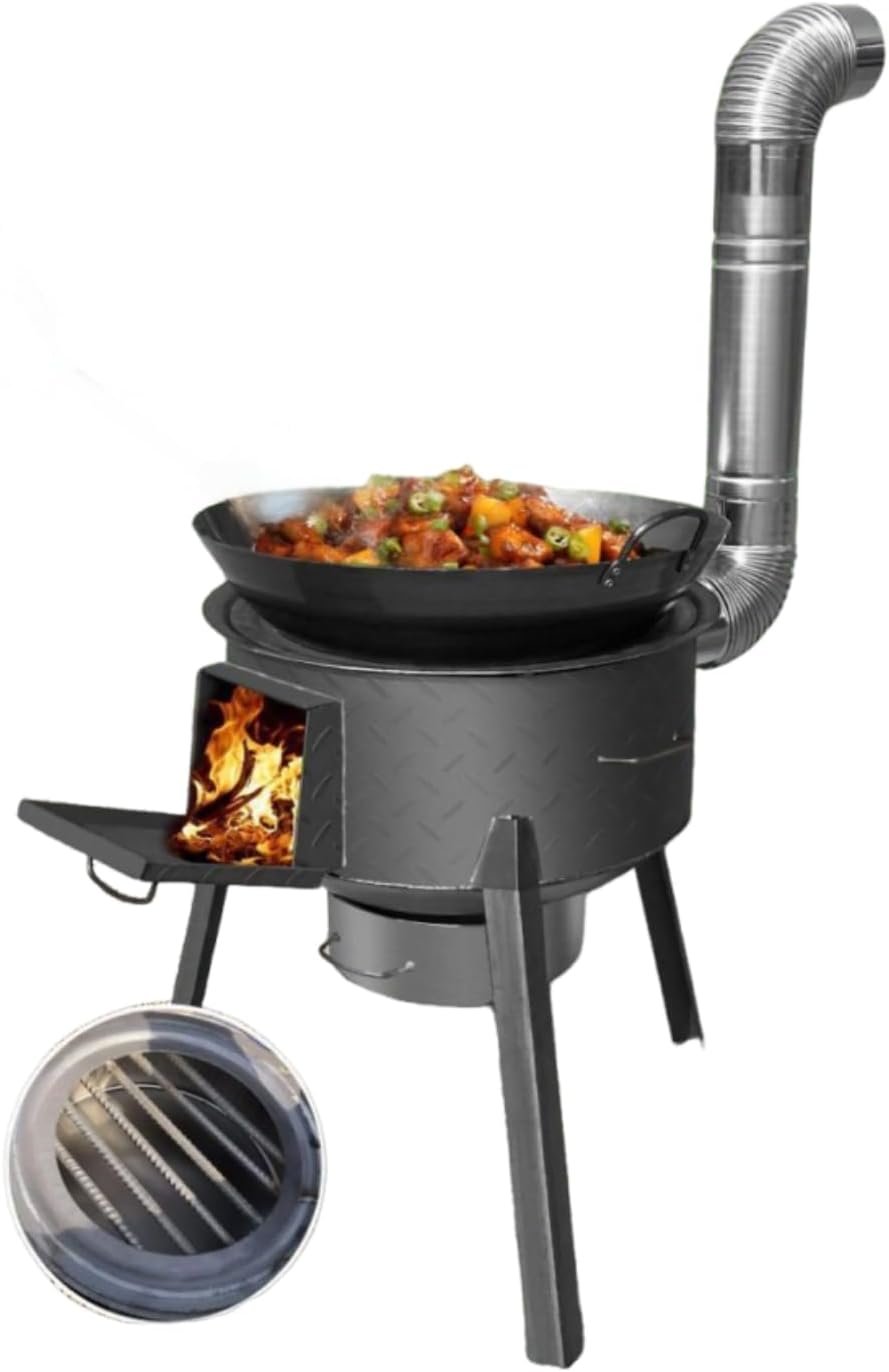 Multifunction Wood Burning Stove with Chimney, Heavy-Duty Rocket Stove, Portable Charcoal Camping Stove for Outdoor/Backyard Cooking, Tent Heating, Fishing