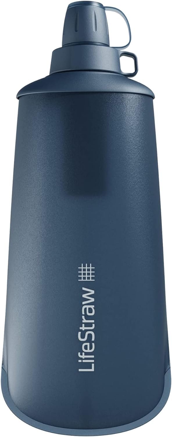 LifeStraw Peak Series – Collapsible Squeeze Bottle Water Filter System – 1L for Trail Running, Camping, Hiking, Travel, Cycling, and Fishing; Mountain Blue