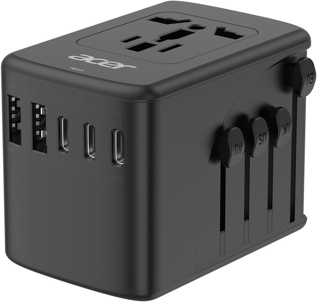 Acer Universal Travel Plug Adapter – International Power Adapter with 5 USB Ports (3 USB C) 5.8A, Worldwide Outlet Charger for USA to European UK France Germany Spain, Type C/E/F/G/I/L/A, Black