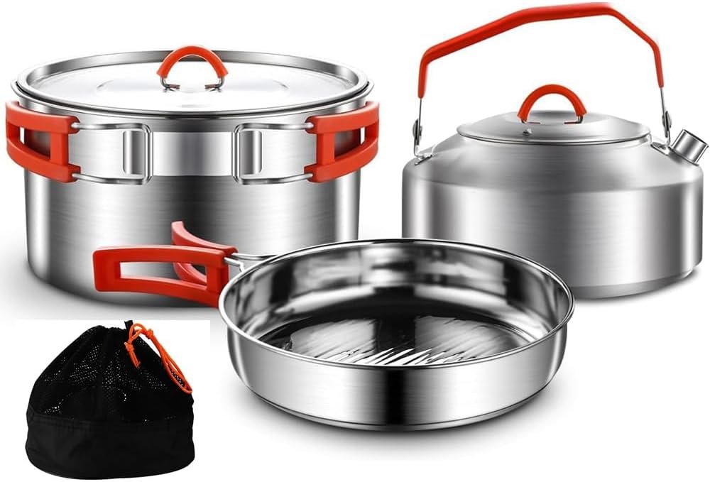 Camping Cooking Set,Camping Cookware Set,304 Stainless Steel Camping Pots and Pans Set, Includes Pot Nonstick Frying Pan Kettle in Mesh Bag for Hiking Outdoor Cooking Backpacking for 1-2 People