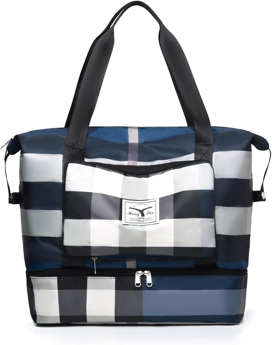 NWLR New Foldable Dry/Wet Separation Travel Duffel Bag with Shoe Compartment Large Capacity Folding Weekender Overnight Bag Lightweight Waterproof Gym Tote Bag (B-Blue)