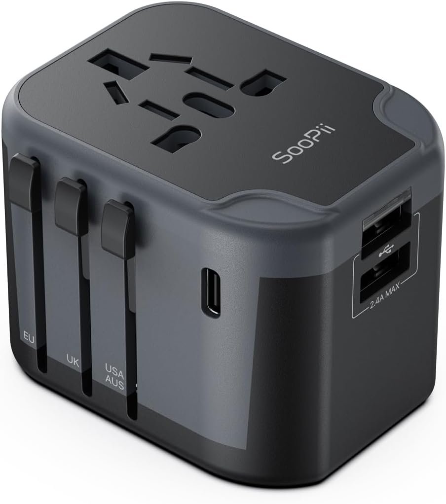 SooPii Universal Travel Adapter,Power Converters with 1 USB C and 2 USB A Ports, 7 in 1 Worldwide Travel Plug Adapter Wall Charger,International Power Adapter for EU, USA, UK, AUS,Asia etc(Black)