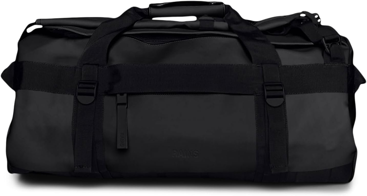 RAINS Texel Waterproof Duffel Small – Black Travel Bag for Men and Women, Convertible Backpack & Shoulder Strap Luggage, Weekend Overnight Carry On