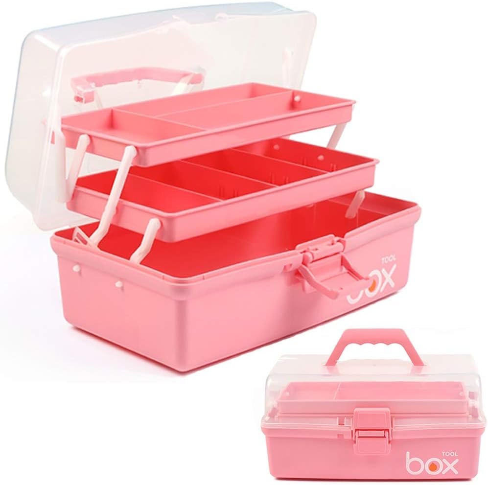 TERGOO 12in 3-Layer Plastic Craft Organizers and Storage, Portable Folding Tackle Box with Handle & Adjustable Dividers, Multipurpose Case for Sewing, Art Supplies, Medicine, Tools (Pink)