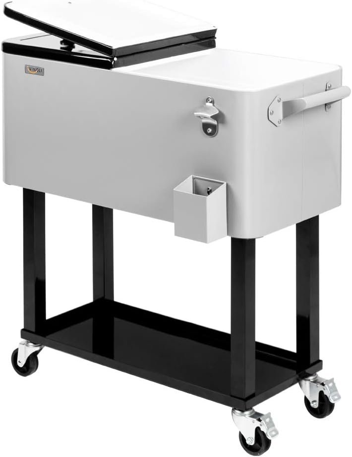 VINGLI Rolling Ice Chest, Portable Patio Party Bar Drink Cooler Cart, with Shelf, Beverage Pool with Bottle Opener