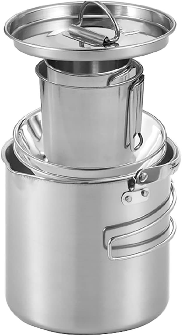 Camping Coffee Kettle and Mugs Set – Stainless Steel Pot with Collapsible Handle and Lid – Boiling Water with Open Fire for Hiking Backpacking Picnic Outdoor – 1.2 L