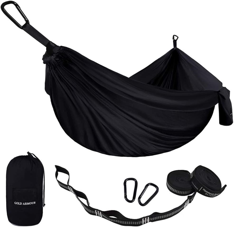 Gold Armour Camping Hammock – Portable Hammock Single Hammock Camping Accessories Gear for Outdoor Indoor Adult Kids, USA Based Brand (Black)