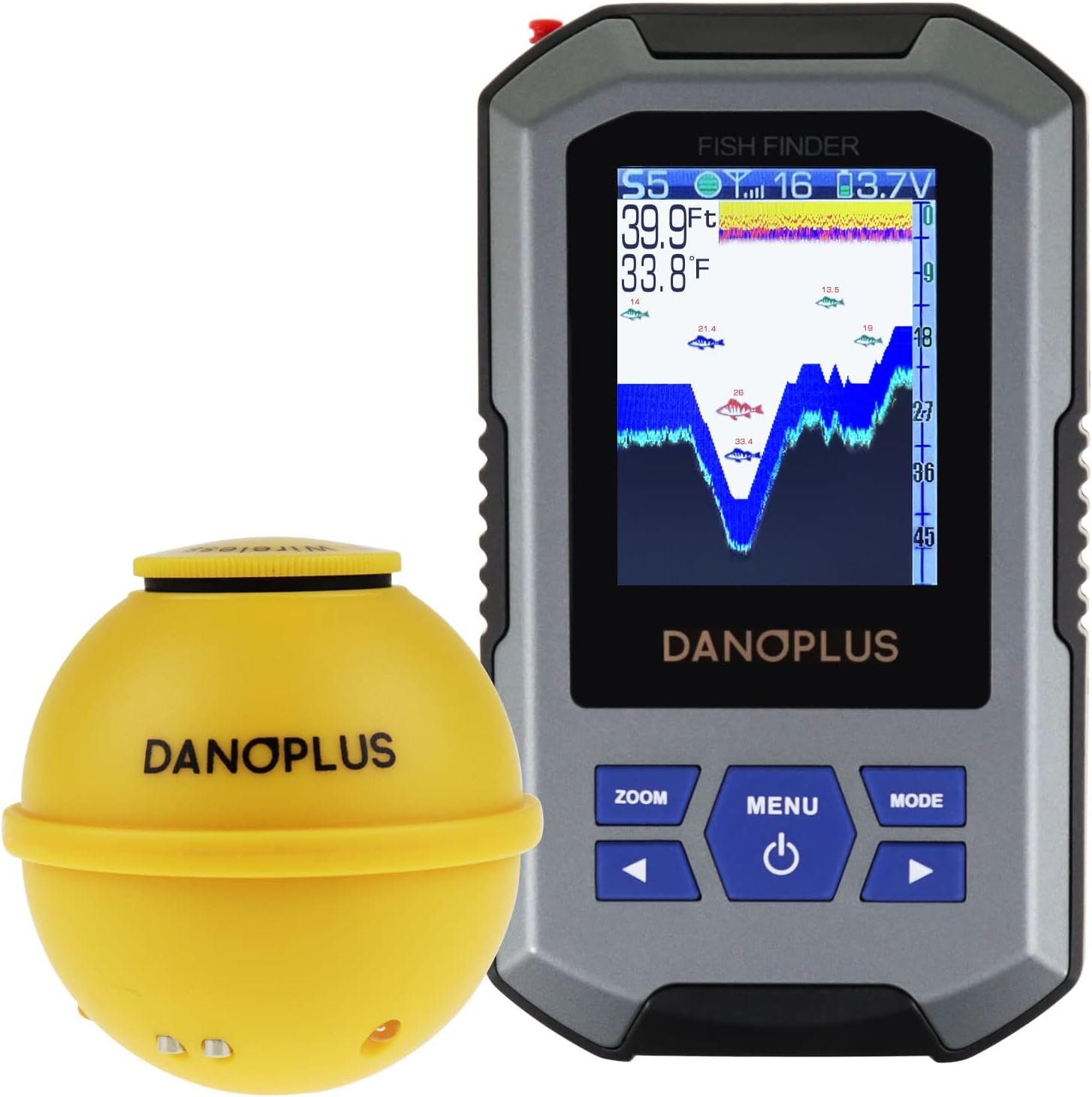 Portable Fish Finder Large HD Display Wireless Depth Finders for Boats with 147 feet Depth Detection Sensor, Rechargeable Castable Fish Finder Display Fish, Temp