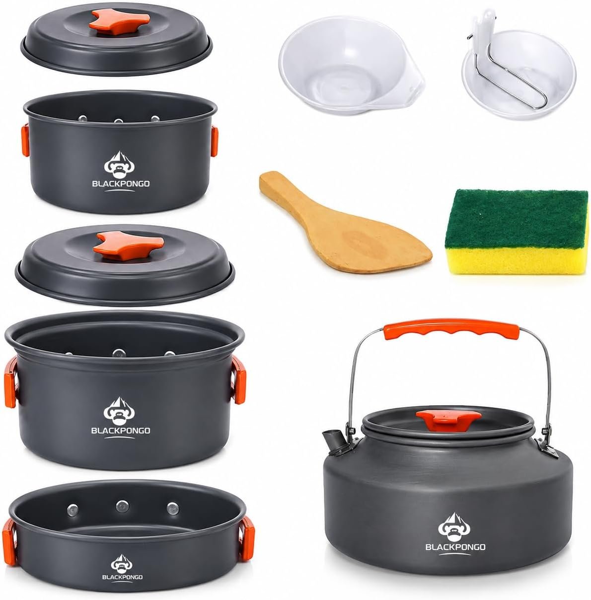 Camping Cookware Set, 15-Piece Camping Pots and Pans Set with Kettle, Frying Pan, Bowls & Plates, Lightweight Backpacking Mess Kit for Camping, Hiking, Picnic, RV Travel
