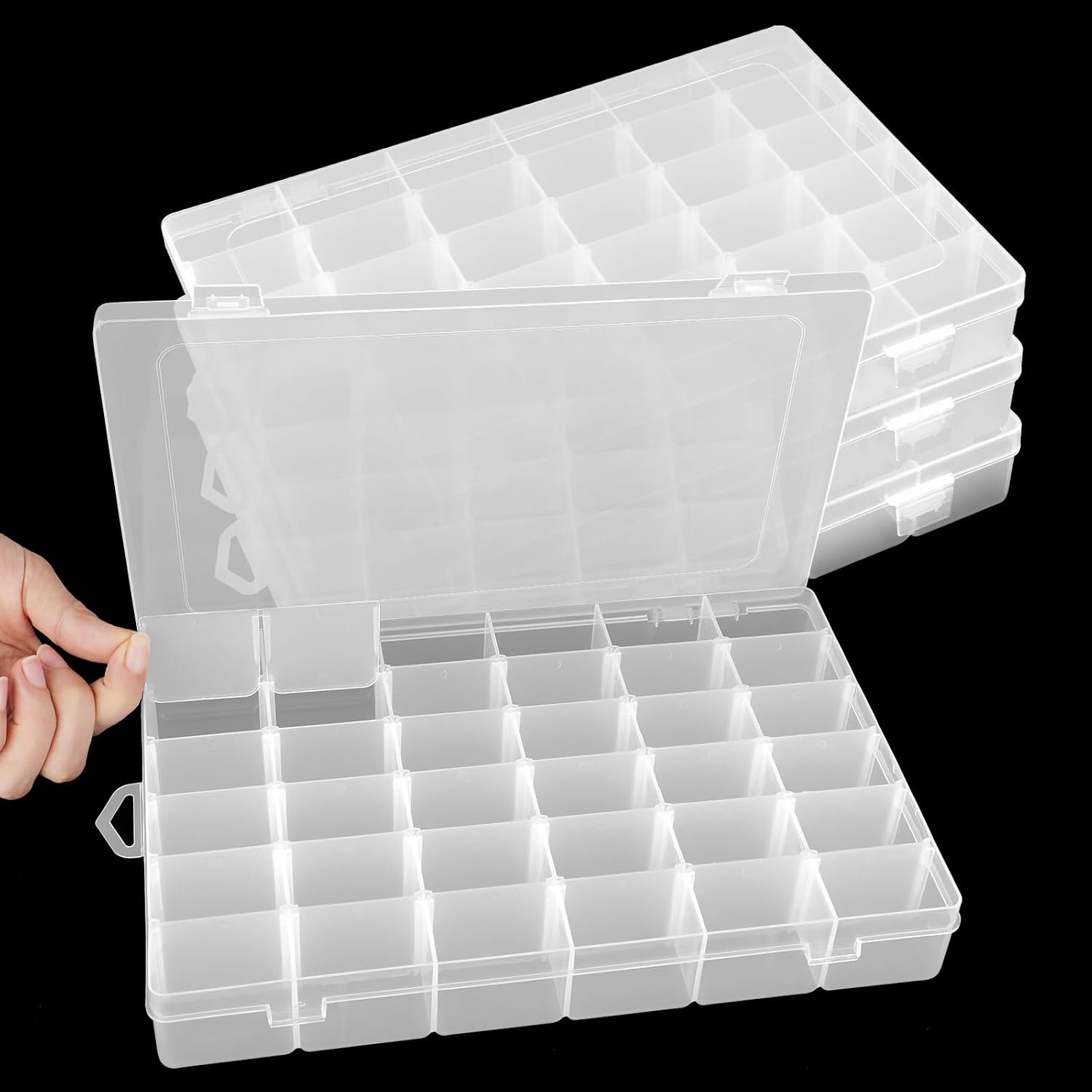 4 Pack 36 Grid Bead Organizer Box with Removable Dividers, Clear Plastic Organizer Box, Craft Storage Containers for Beads, Jewelry, Fishing Tackle, Thread, Screws, DIY Small Parts