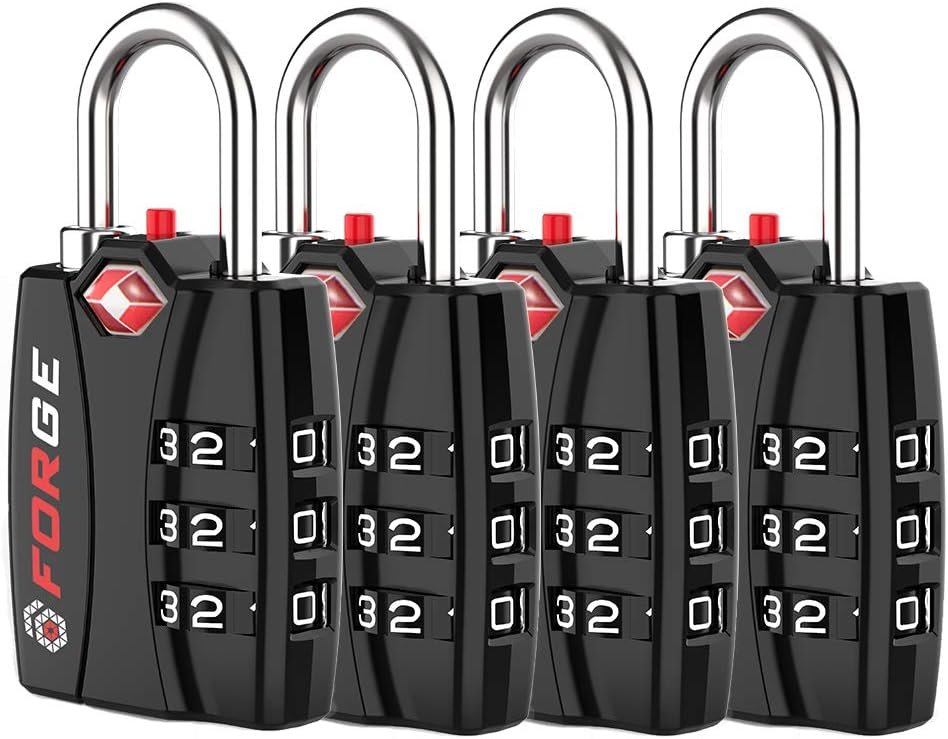 Forge Open Alert TSA Approved Luggage Locks – 3 Digit Combination, Easy Read Dials, Zinc Alloy Body – Ideal Travel Lock for Luggage, Suitcases, Bags & Toolboxes (Black 4 Locks)