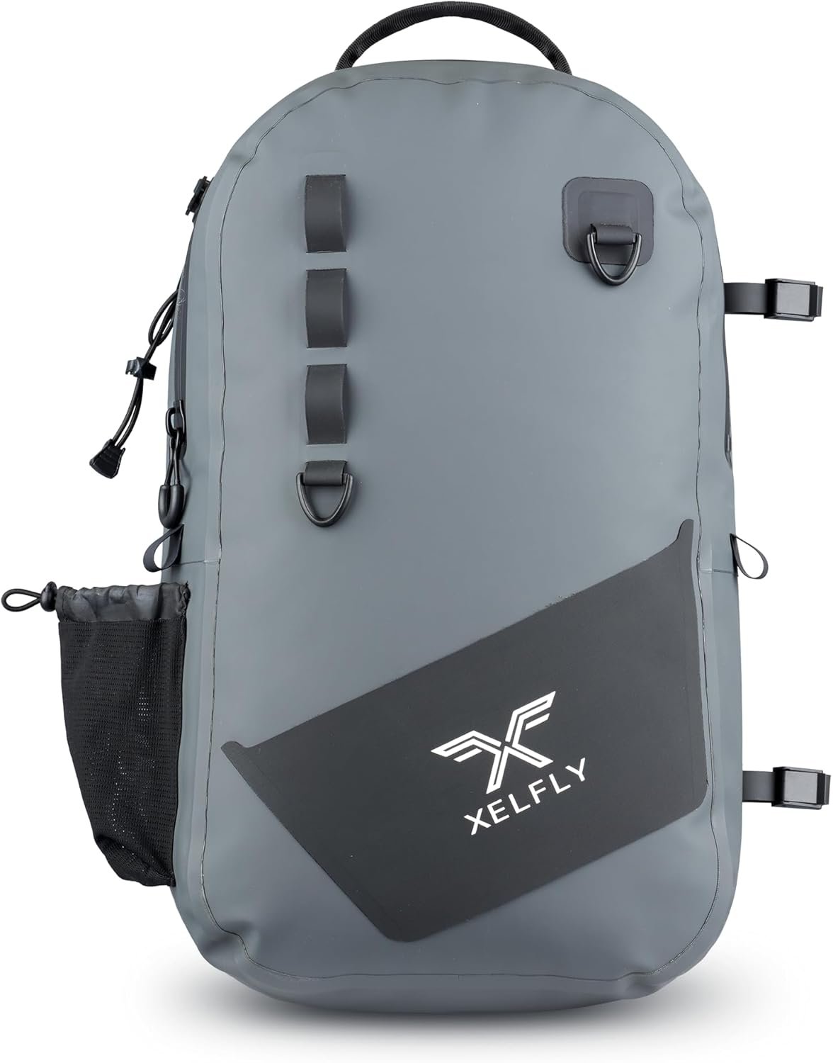 Xelfly – Waterproof Fishing Backpack with Rod Holder, Inflatable Air Valve, Padded Waist Straps & Gear Loops – Submersible Zipper, Rugged Top Handle, Adjustable Attachments (Gray)