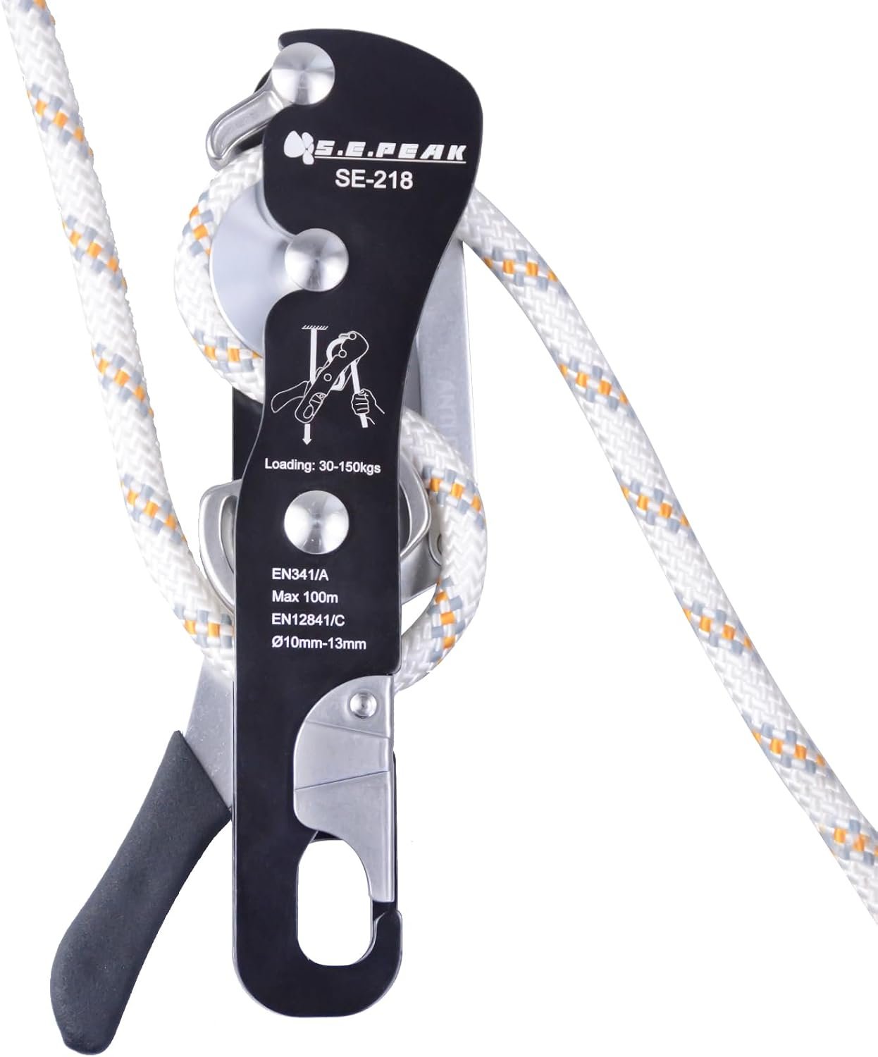 CE Certified Climbing Double Stop Descender Self-Braking Self Locking Rappelling Belay Devices for 10-12.5mm Rope for Rescue & Arborist, Hand Control