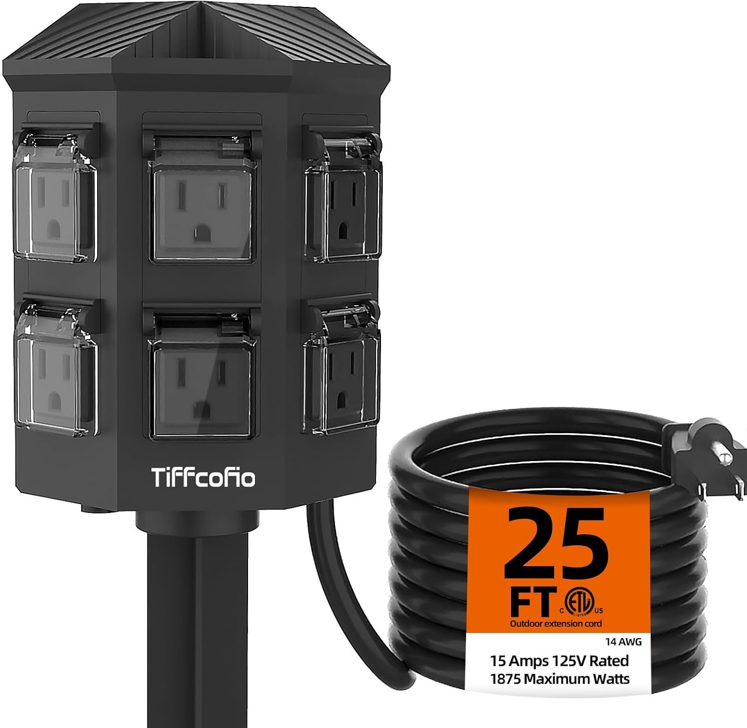 TiFFCOFiO Outdoor Power Strip Weatherproof, 25 FT Extension Cord with Stake, 6 Grounded Outlets for Yard, Pool and Garden Decorations, 15A/1875W, ETL Listed