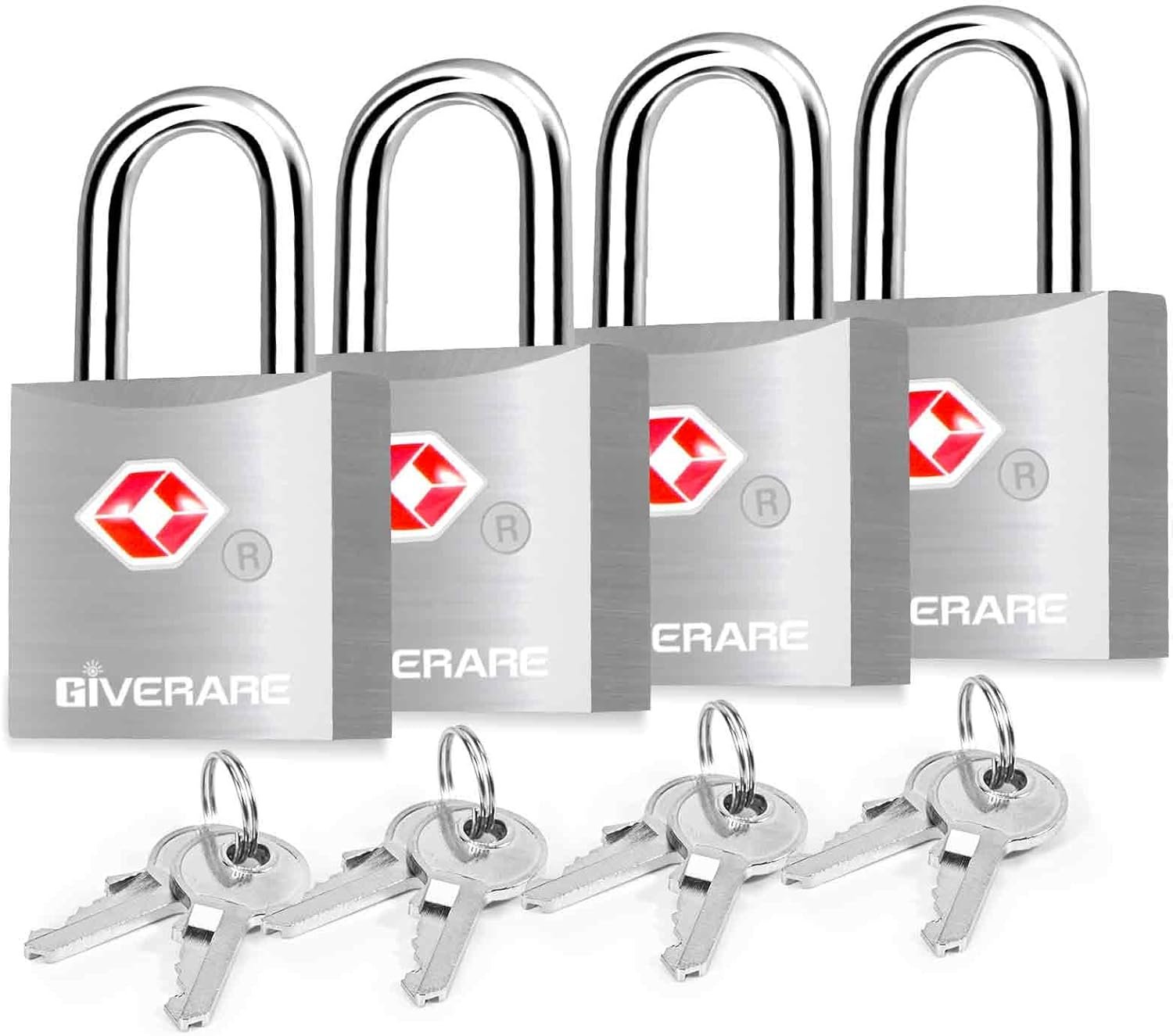 4 Pack TSA Approved Travel Luggage Locks with Keys, Aluminum Alloy Keyed Padlock, Small Metal Suitcase Lock, Weatherproof Padlocks for Backpack, Gym Locker, Bag, Case, Jewelry Box, Anti Theft-Silver