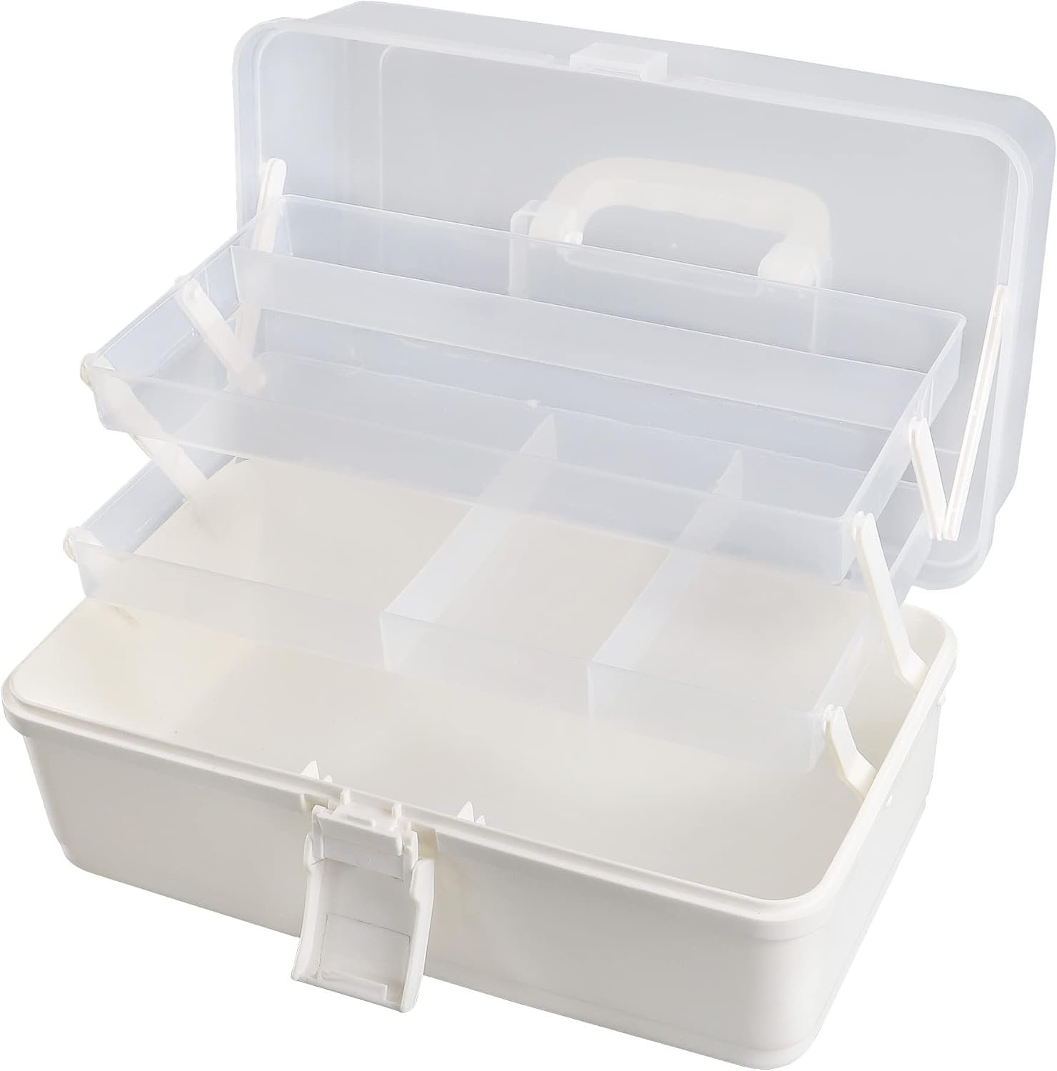 3 Layer Multipurpose Storage Box White Tackle Box Organizer – Craft Organizer with Handle, Portable Art Supplies Case, Medicine First Aid Box, Sewing & Tool Organizer with Divided Trays