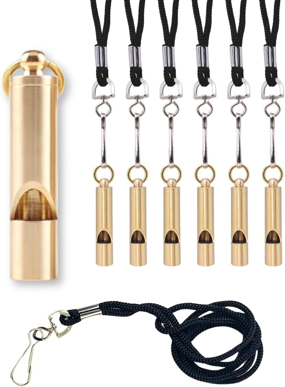 FUTURESTEPS Brass Whistles 6 Pack with Lanyards – 125+ dB Loud for Home Alerts & Outdoor Safety, Solid Brass Hiking Whistles for Trails & Emergencies to get Help