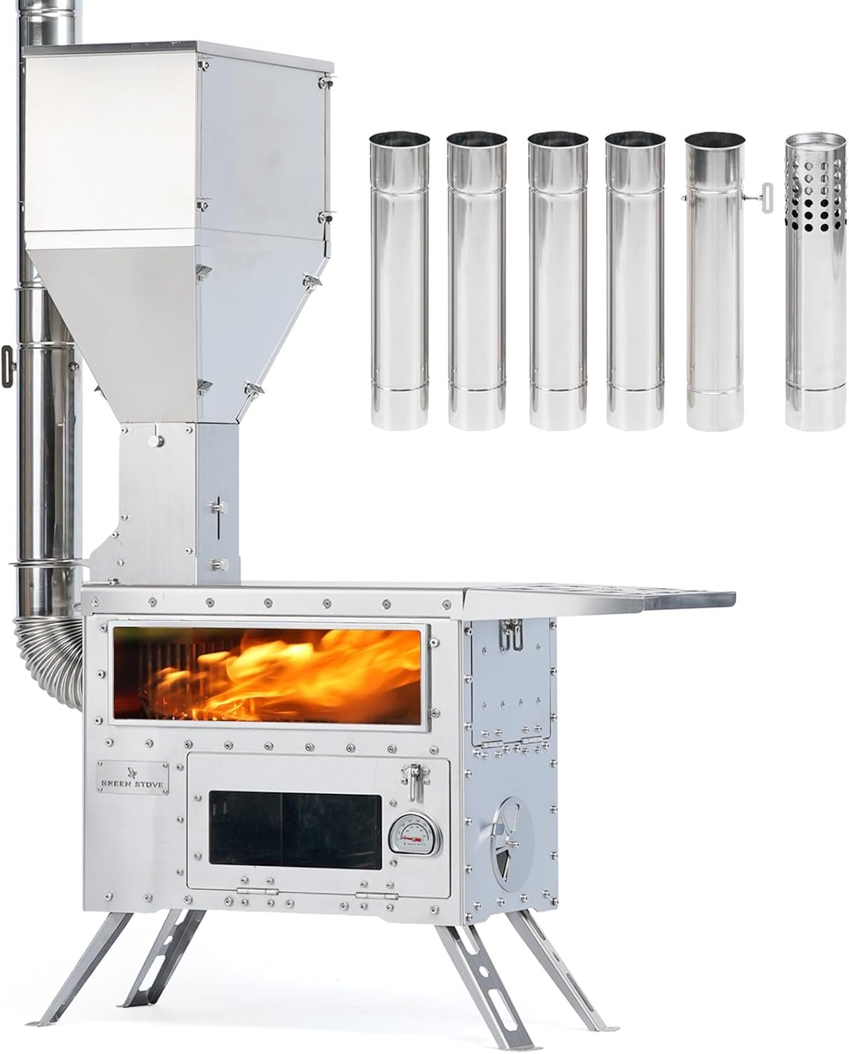 Pellet Stove with Oven, Portable Wood Burning Stove for Outdoor, Hiking, Hot Tent Stove with Stainless Steel Construction for Ourdoor Use(Model: Greenstovehori 5)