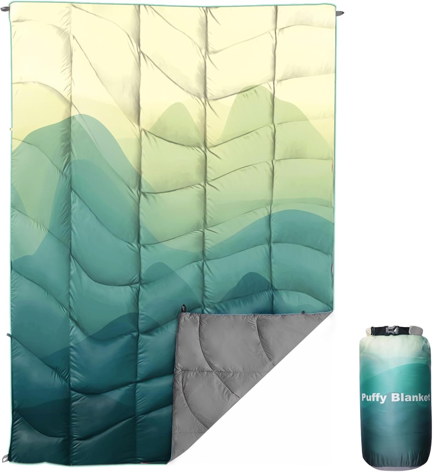 Outdoor Puffy Camping Blanket, Lightweight Down Alternative Printed Large Ultra Warm Quilt Waterproof for Traveling Picnic Beach Party Cold Weather (Green Mountain)