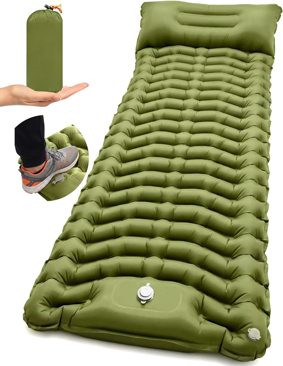 Camping Sleeping Pad, Inflatable Camping Mattress Pad with Built-in Pillow & Foot Pump, 4 Inch Thick Ultralight Sleeping Air Mattress for Backpacking, Hiking, Traveling, Tent Camping – Olive Green
