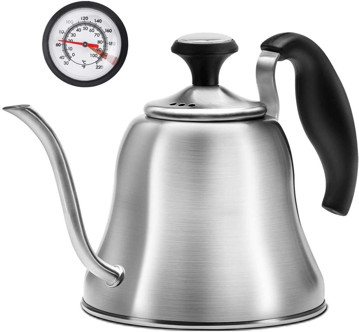 Tea Kettle with Thermometer for Stove Top Gooseneck Kettle, Pour Over Coffee Tea Pot, Goose Neck Tea Pot Stovetop, Hot Water Heater for Camping, Home & Kitchen, Stainless Steel – Small 28oz | Food Grade Stainless Steel, Precise Gooseneck Spout, for Camping, Home & Kitchen, Induction & Gas Applicable
