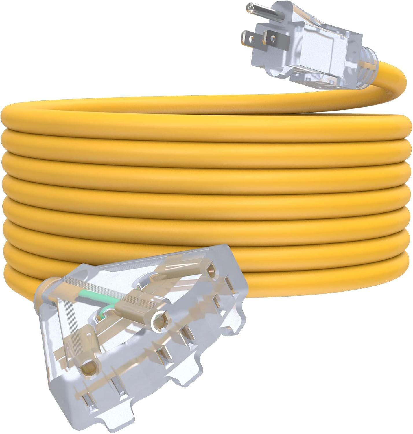 25Ft 12/3 Outdoor Extension Cord with 3-Outlets, Heavy Duty 12 Gauge 3 Prong Extension Cord Waterproof with Lighted end, 15A 12AWG 1875W SJTW, ETL Listed – Great for Garage, Garden and Home, Yellow
