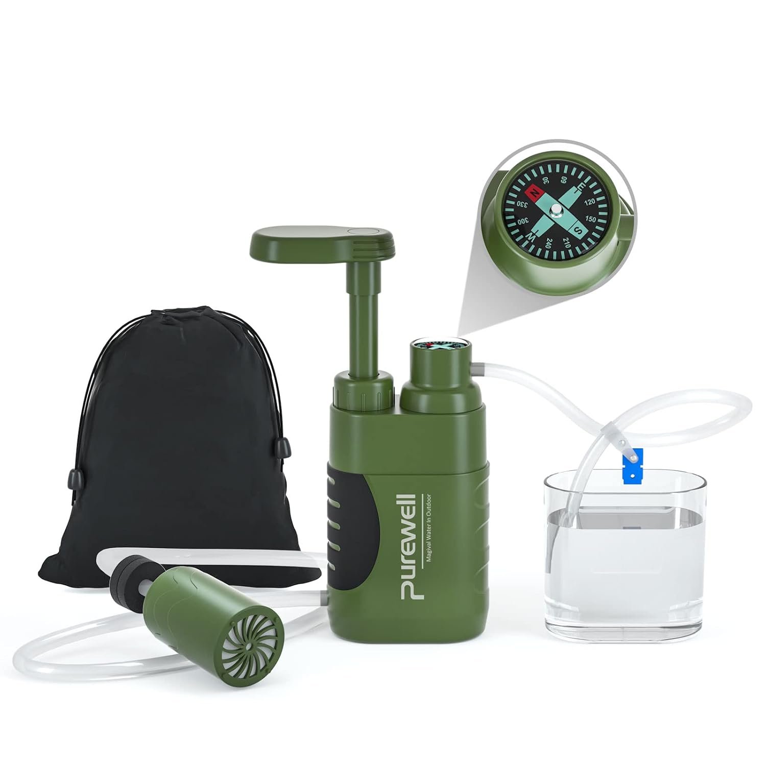 Purewell Water Hand Purifier Pump with Replaceable Carbon 0.01 Micron Water, Stages, Portable Outdoor Emergency and Survival Gear – Camping, Hiking, Backpacking(Green)