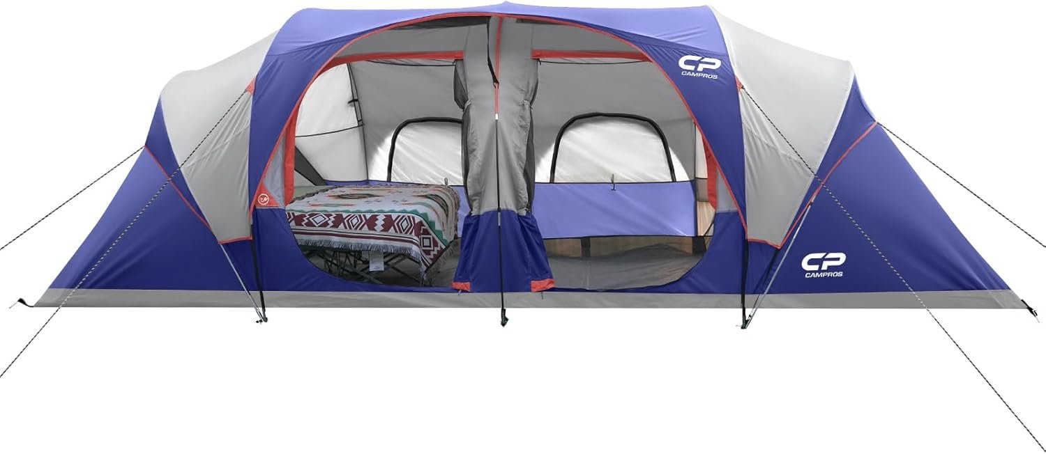 CAMPROS CP Tent 12-Person-Camping-Tents,3 Room Family Tents,Waterproof Windproof Family Tent with Top Rainfly,6 Large Mesh Windows,Double Layer,Easy Set Up, Portable with Carry Bag-20′ x 9′ x 72″(H)
