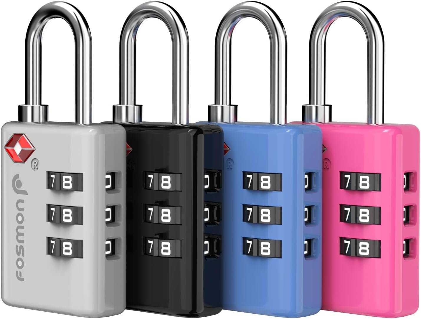 Fosmon TSA Approved Luggage Locks, 3-Digit Combination Padlock, 4 Pack | Features Open Alert Indicator and Alloy Body. Anti-Theft for Travel, Backpack Zipper, Gym Locker, Gun Case, Tent.