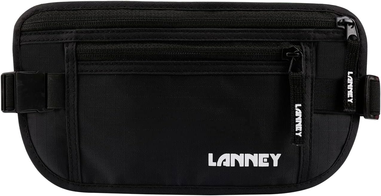 Money Belt for Travel, Slim RFID Blocking Women and Men hidden Travel Pouch Under Clothes, Passport Holder Protect Cash, Documents, Credit Card, Black, Bonus 2 RFID Sleeves